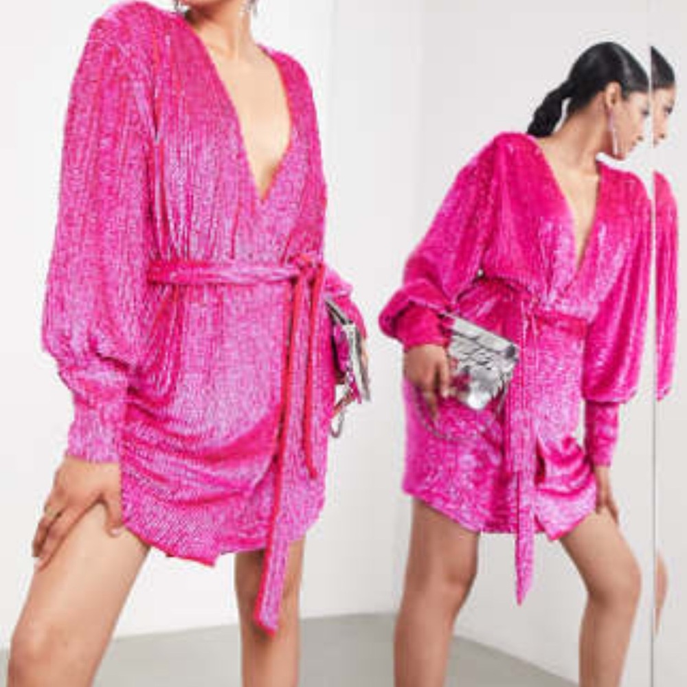ASOS Edition sequin wrap mini dress in hot pink